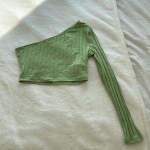 Green one shoulder ribbed long sleeve top
